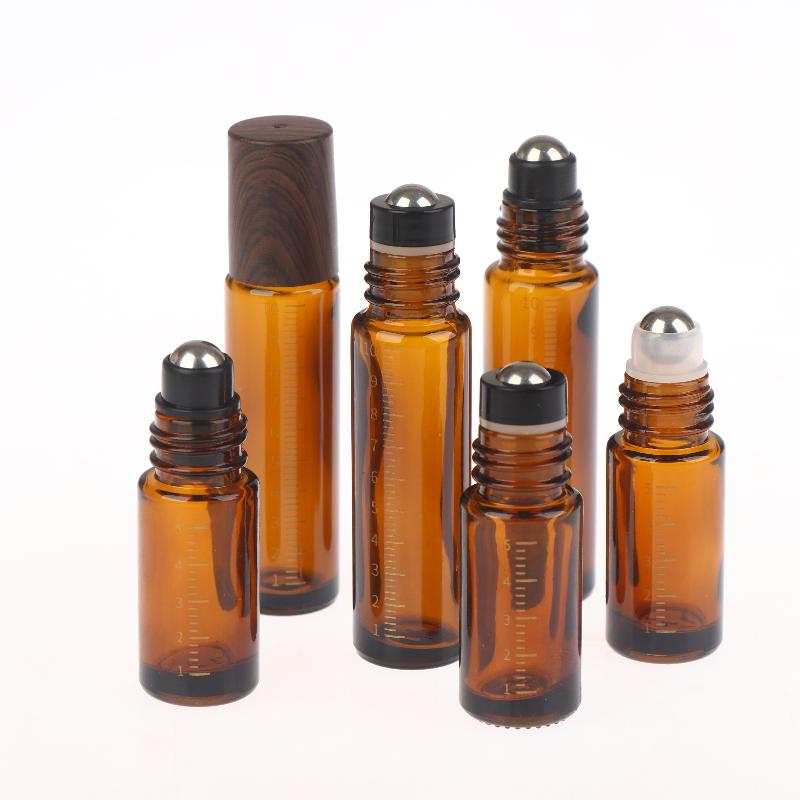 5ml 10ml Bursztynowe Przezroczyste Szklane Butelki Roll-on Plastikowa Nakrętka Imitująca Drewno Próbne Buteleczki z Kulka do Olejków Eterycznych Perfum