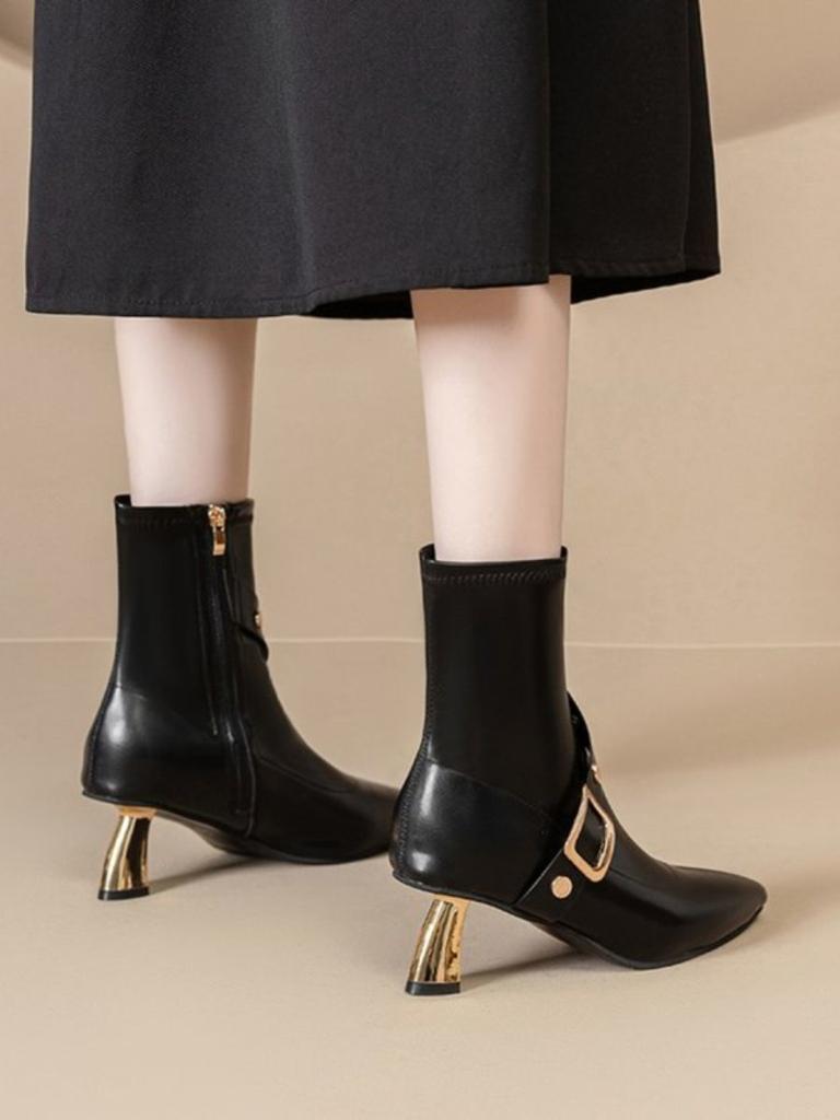 British Martin boots side zipper women's boots 2025 autumn and winter new temperament belt buckle pointed thin heel high heel short boots
