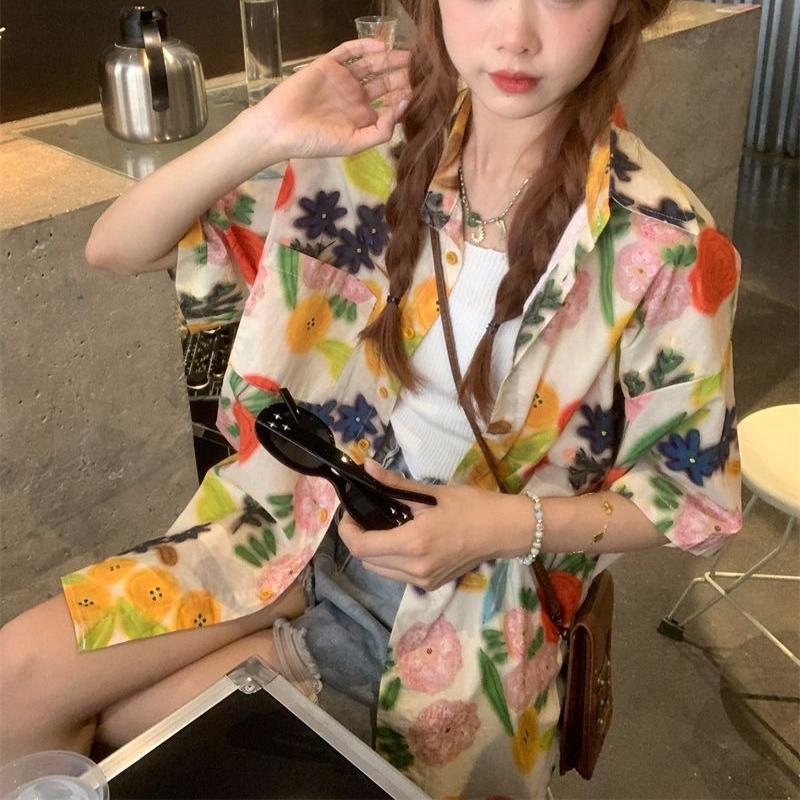 Cute Floral Beach Vacation Style Women's Shirts Summer Loose Casual Cardigan Tops Single Breasted Female's Chic Blouses