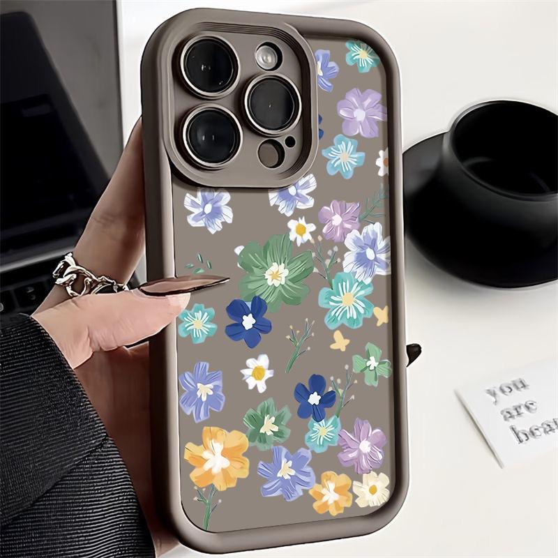 

Чехол для телефона с цветочным узором для iPhone 16 Pro Max 15 14 Pro 13 12 11 XR XS 8 7, мягкий матовый противоударный чехол-бампер из ТПУ для защиты объектива iPhone 15 чёрный