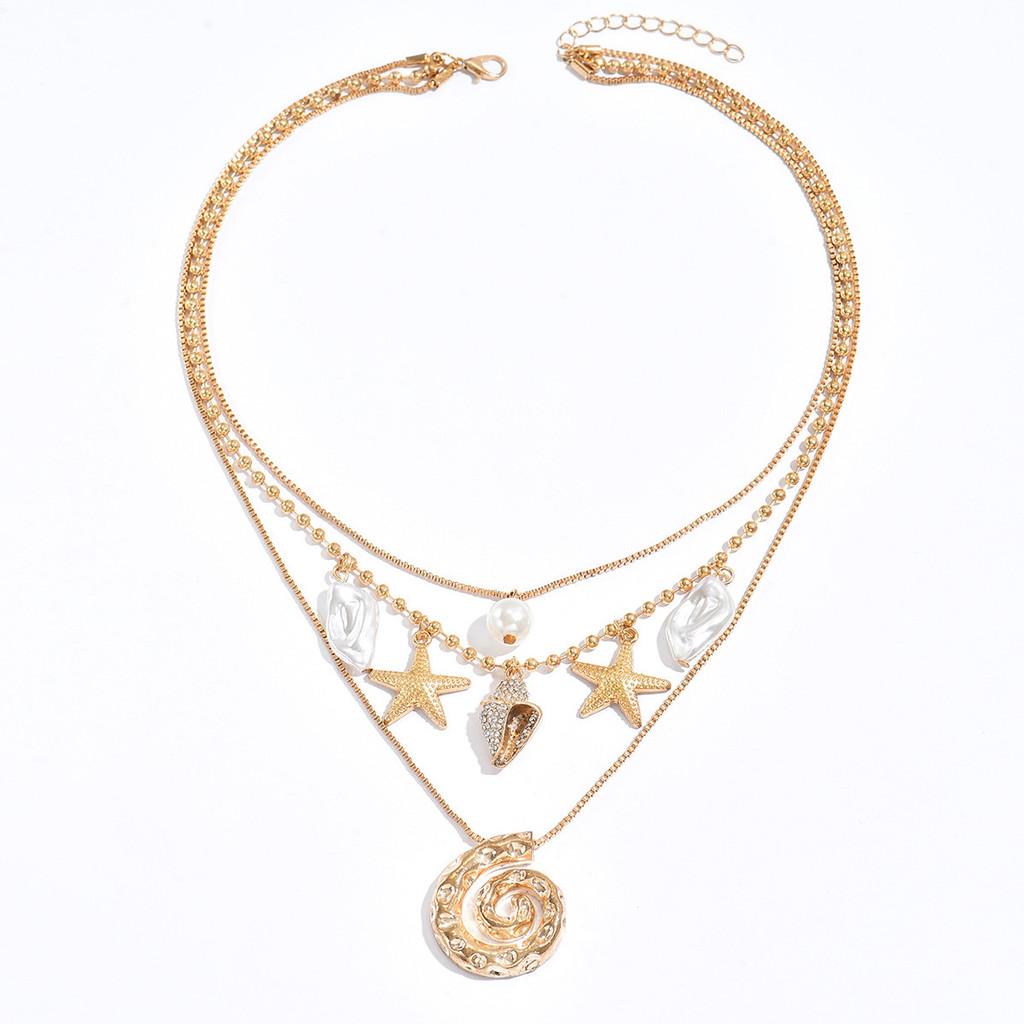 Summer Beach Shell Necklace Multilayer Geometric Pendant Vacation Jewelry For Women