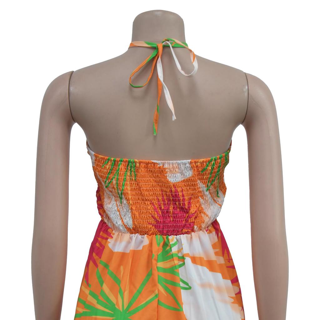 C6921 European & American Style Women's Printed Backless Lace-up Long Dress