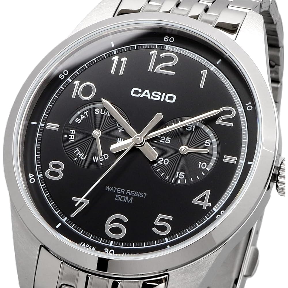 Casio Standard Quartz Men's Watch MTP-E340D-1AV Multi-Calendar 7-Link Band Silver Black