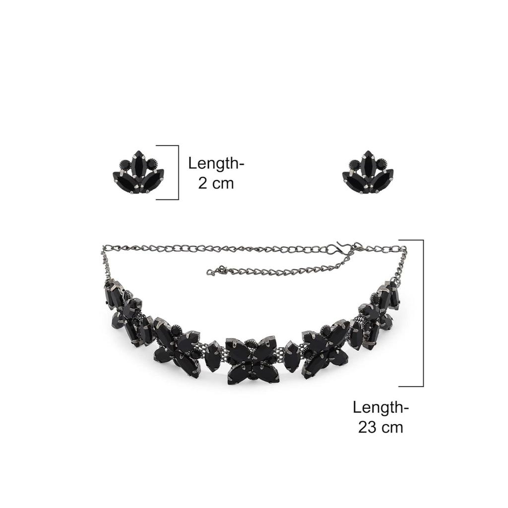 Svart glitrende steiner utsmykket moderne halskjede, øredobber og ring sett for kvinner