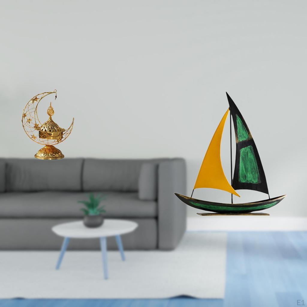 Antique Candle Stand And Burner with Iron Sailboat Sculpture Tabletop Ornament for Living Room