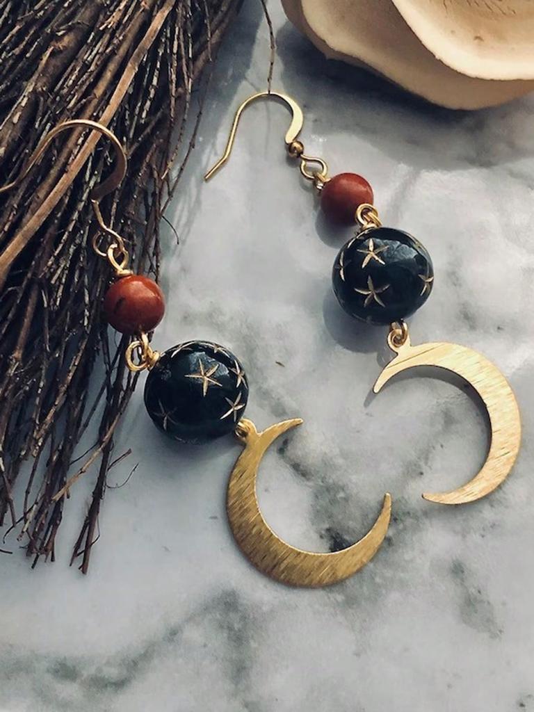 Agate And Copper Bead Crescent Star Earrings, Suitable For Women To Wear, For Casual Outfits, And As Party Decorations.