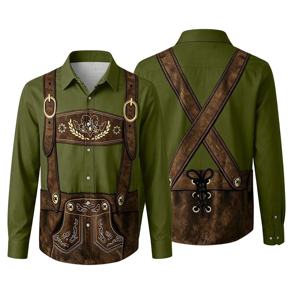 Camicia da uomo per l'Oktoberfest con stampa 3D, vestibilità larga, manica lunga, colletto, casual, stile vintage, traspirante, per lavoro, festival all'aperto, festa