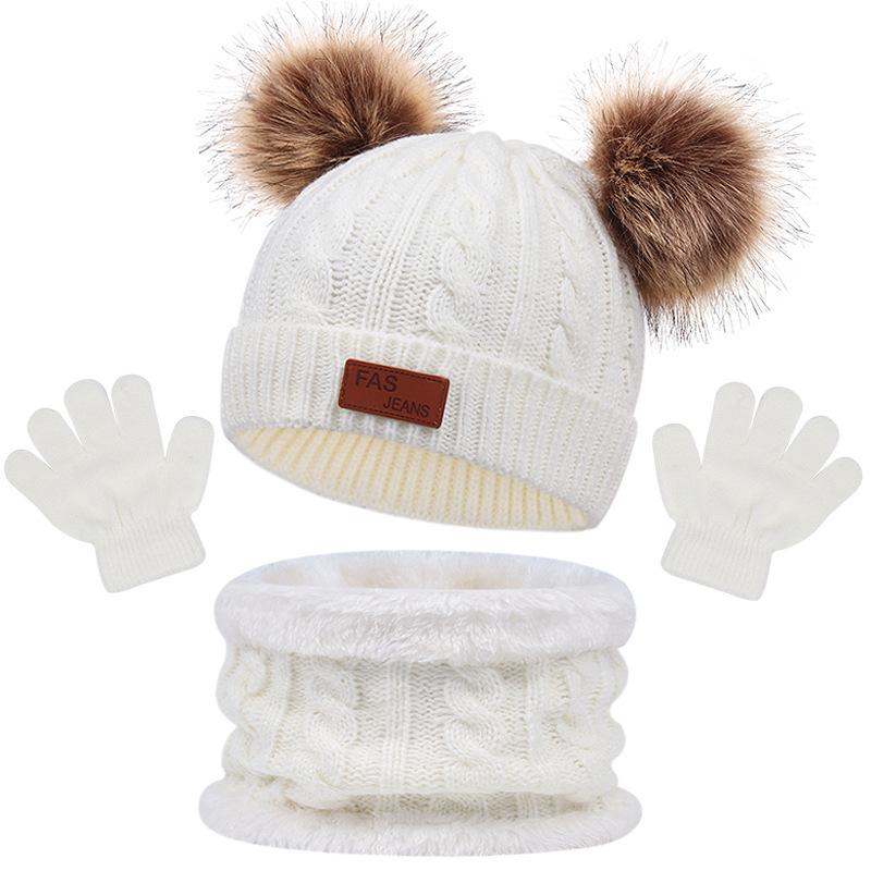 Winter Children's Scarf Hat Three-Piece Set with Pom-Pom Baby Infant Knitted Hat Warm Wool Thickened