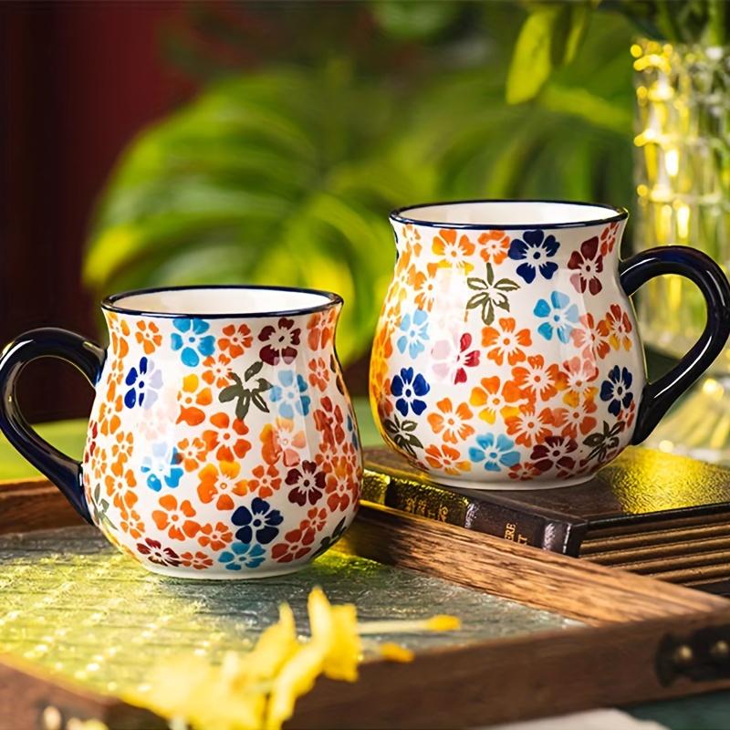 [Elegant Floral Ceramic Mug] 1pc Elegant Hand-Painted Floral Ceramic Mug - Microwave Safe, Insulated for Hot & Cold Drinks - Unique Coffee Accessory