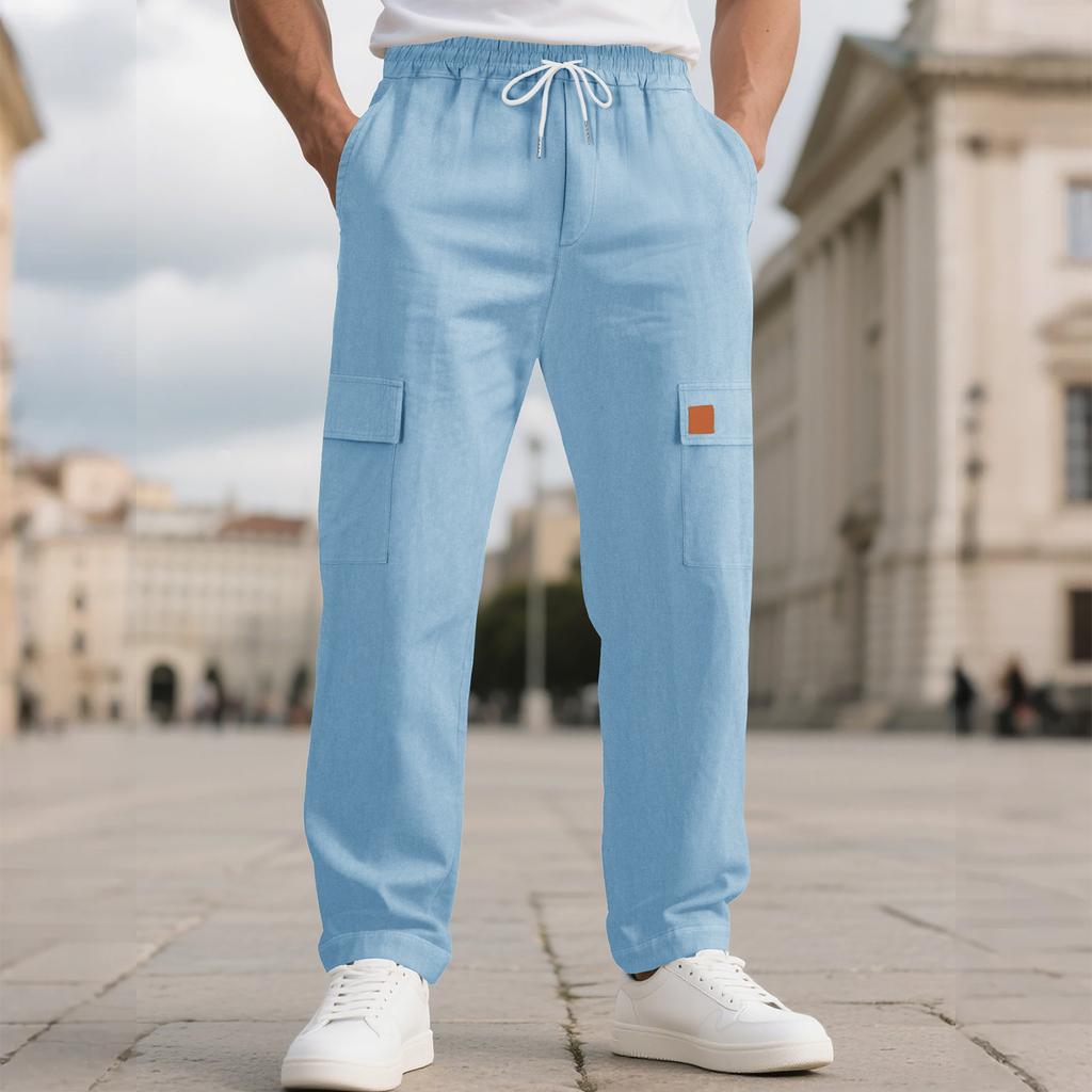 Herren Leinen Cargo Hose Elastischer Kordelzugbund Leichte Sommer Strandhose Einfarbig Lässige Gerade Hose