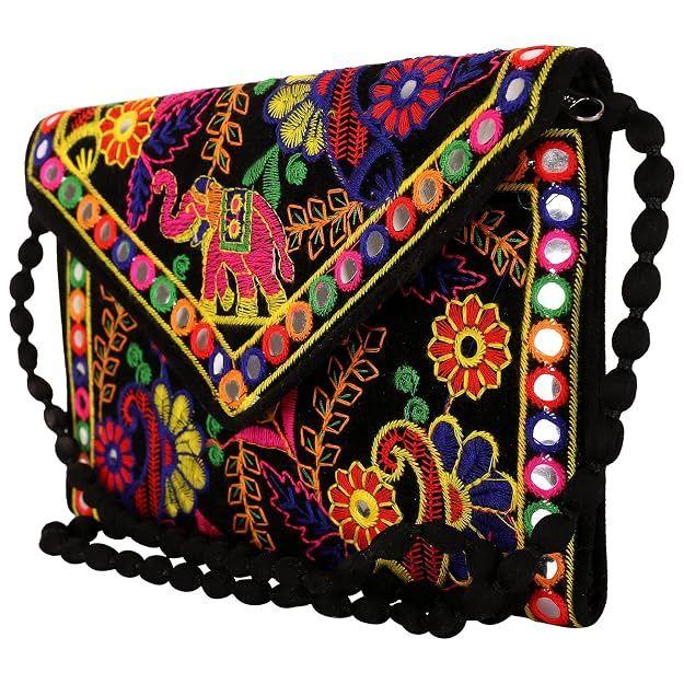 Clutch Bags for Women Jaipuri Rajasthani Handmade Embroidery Mirror Work Stylish Sling Bags for Women Cross Body Bags for Ladies and Girls - 22X16 Cm