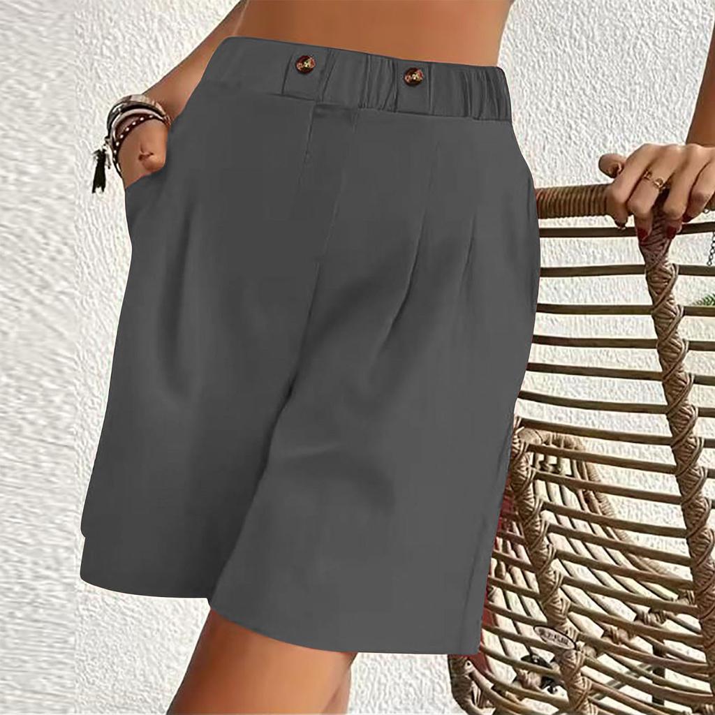 Women's Casual Loose Fit High Waist Shorts with Pockets Elastic Waistband Wide Leg Summer Bottoms