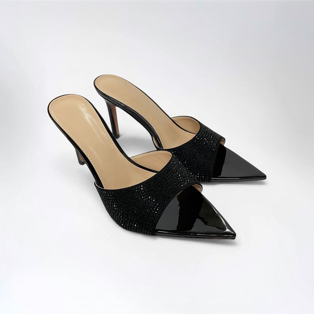 2025 summer European and American sexy black high-heeled sandals women pointed thin heel with rhinestone high-heeled sandals outside