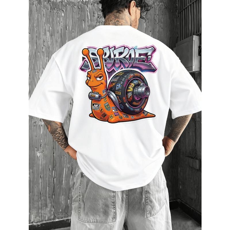 European Size Men s Racing Snail Graffiti Print T-Shirt - Oversized Streetwear Crew Neck Short Sleeve Tee with Snail, Loose Fit Casual Summer Top S белый