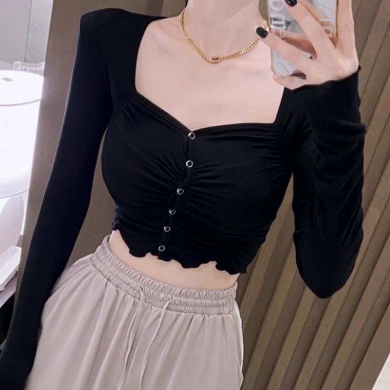 Korean Square Neck Slim Pleated Shoulder Pad Crop Top