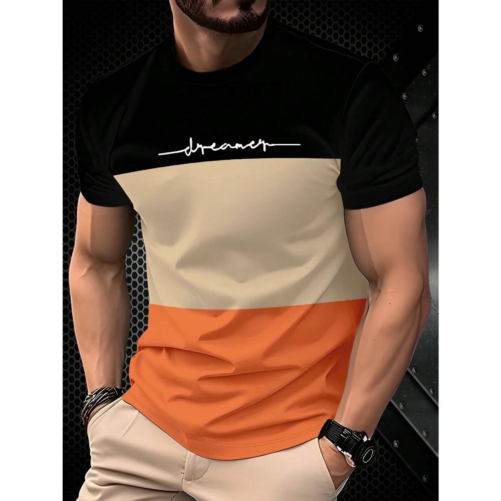 Men s Tricolor Patchwork Short Sleeve T-Shirt with  Dreamer  Print, Lightweight Polyester, Breathable Summer Top XS