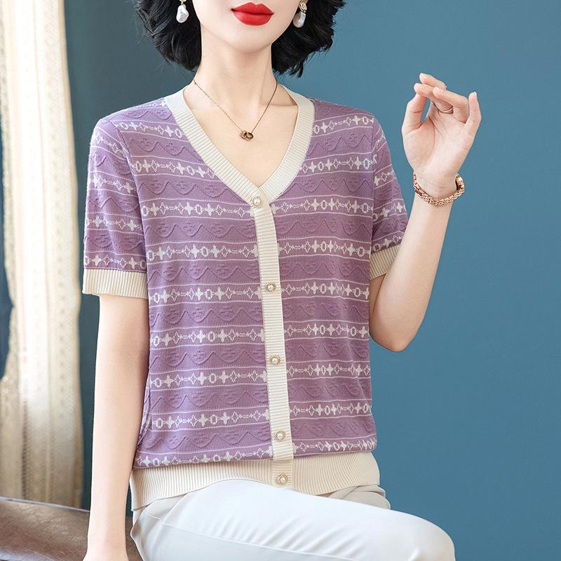 

Women s V-neck Ice Silk Knit Cardigan-Style Short Sleeve Top, Plus Size, Lightweight, Summer T-shirt XL (Recommended for 100-110 jin) фіолетовий