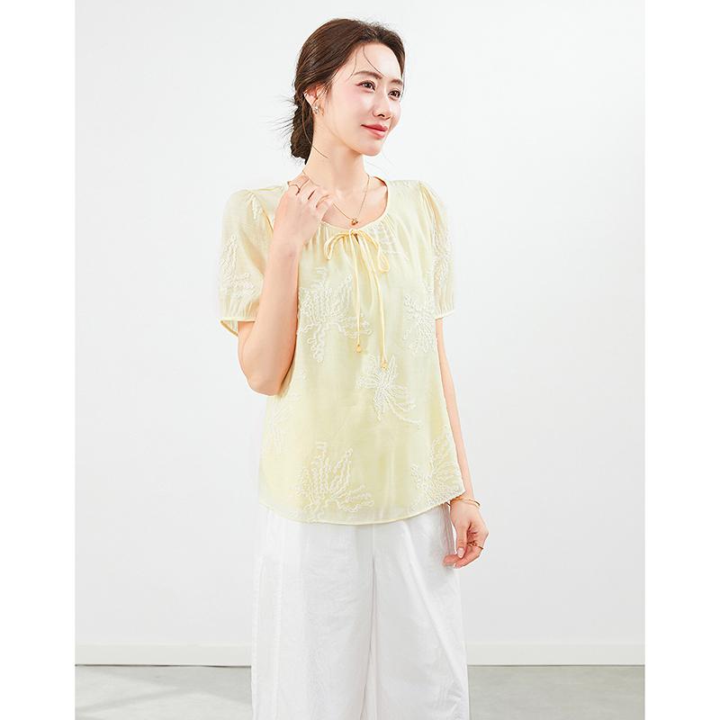 Elegant and slim round neck lace up embroidered short sleeved shirt top