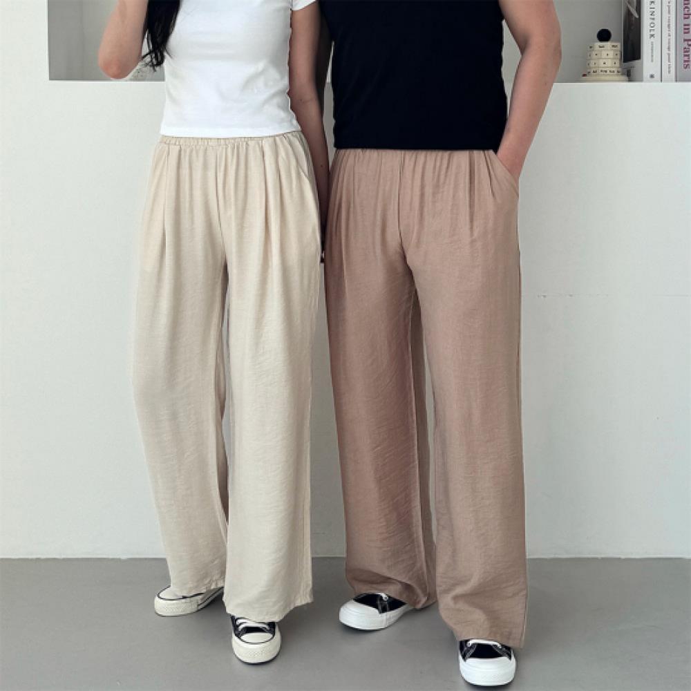 New Arrivals Open Run Unisex Linen Double Pleats Banding Wide Pants