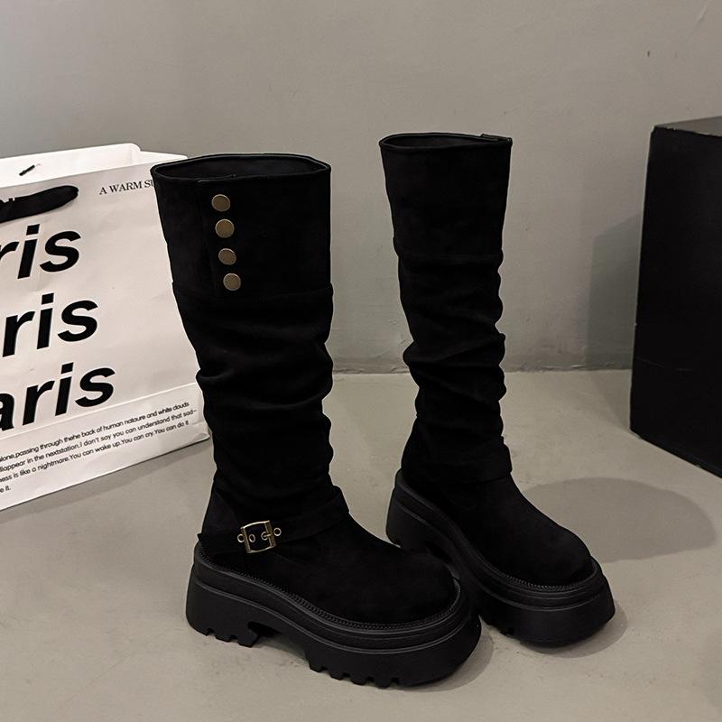 The Inner Height Is Increased by 10cm, Black Stacked Thick-soled Boots, Women's 2025 New Small Men Wear Tall Knight Boots.