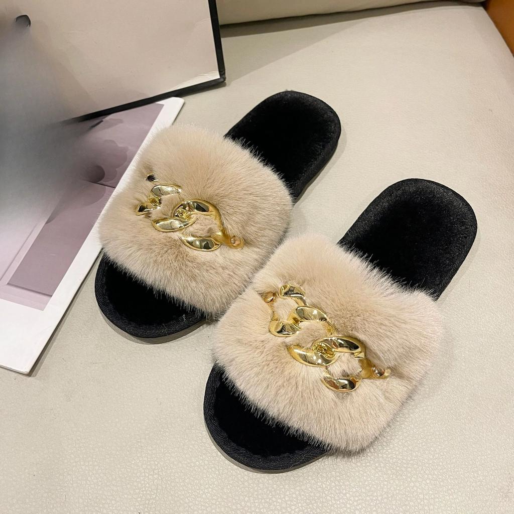 2024 Høst og Vinter Nye Hårtoffler med Metallkjede Dame Mote Varme Flate Tøfler