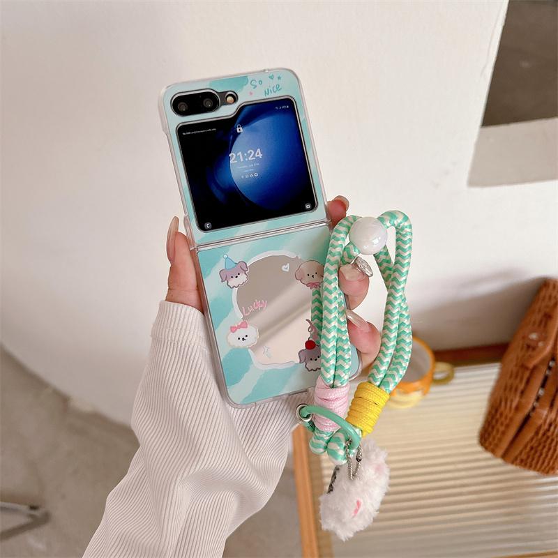 För Samsung Galaxy Z Flip 3 4 5 6 Fodral Flip6 ZFlip 6 ZFlip6 Söt rosett katt handrem spegel stöttåligt hårt skal