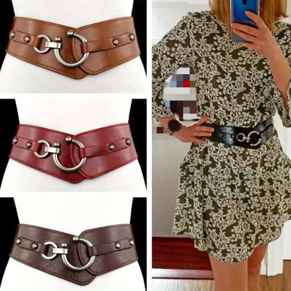 1PC Fashion Elastic Wide Belt Strap Vintage Women Faux Leather Buckle Elastic Wide Belt Strap Solid Color Waistband