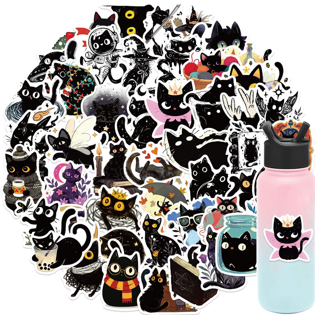 50 Cartoon Black Cat Doodle Stickers Decorate Guitar Notebook Suitcase DIY Waterproof Stickers