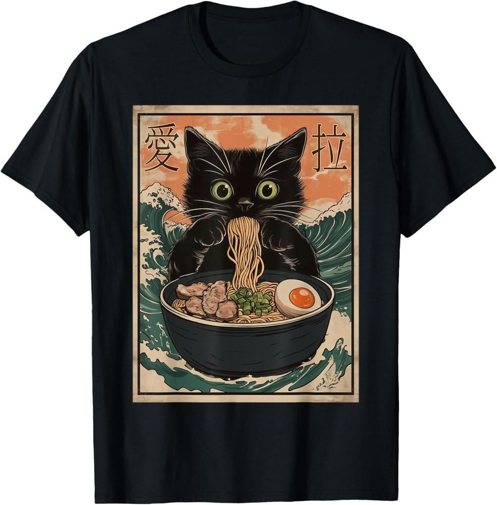 Cat Ramen Japanese Art Great Wave Kanagawa Funny Graphic T-Shirt