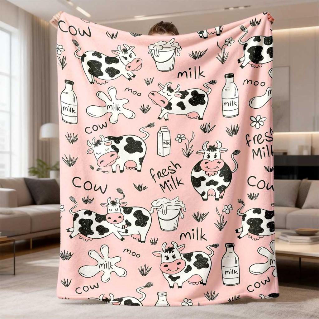2026 New Arrival Flannel Blanket 1pc Cozy Flannel Milk Theme Cartoon Blanket - Soft, Warm Pink Fleece Throw with Cartoon Milk & Cow Print, Lightweight