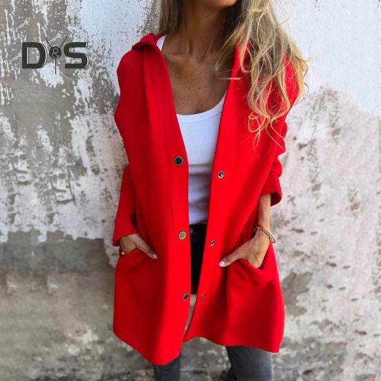 Fall Winter Women Coat Hooded Button-down Solid Color Thick Pockets Loose Cardigan Mid Length Outdoor Travel Shopping Dating Overcoat