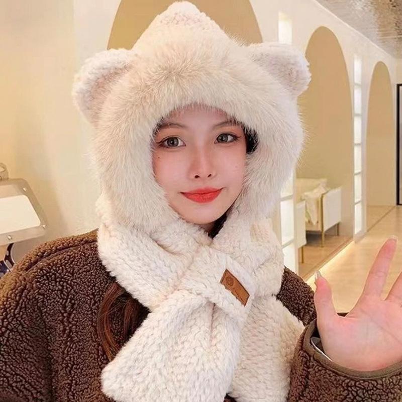 Cute Little Bear Fluffy Hat for Women In Winter Scarf Integrated Warm Ear Protection Hat Thickened Scarf Cold Protection Lei Feng Hat