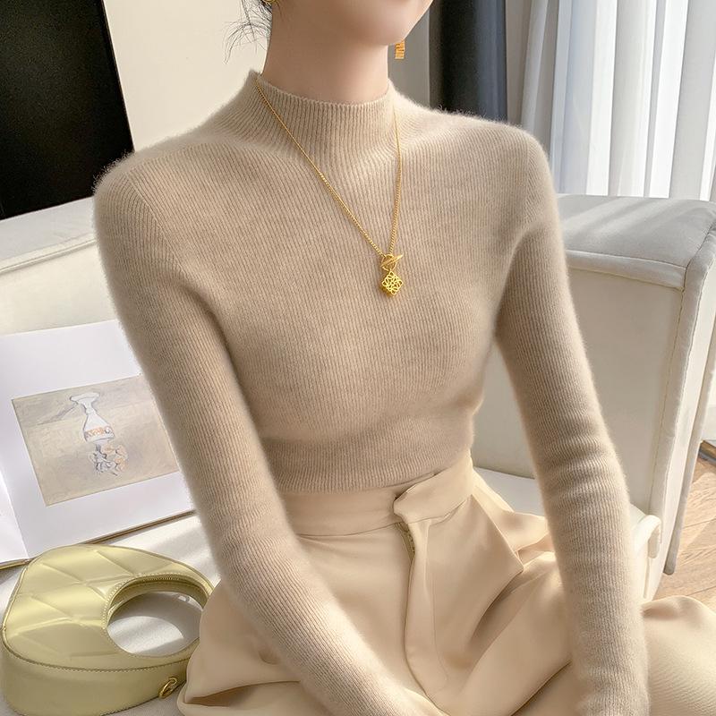 Women's Seamless Cashmere Knit Slimming Sweater - Long Sleeve, Half-High Neck, Tight-Fit, Autumn/Winter Base Layer