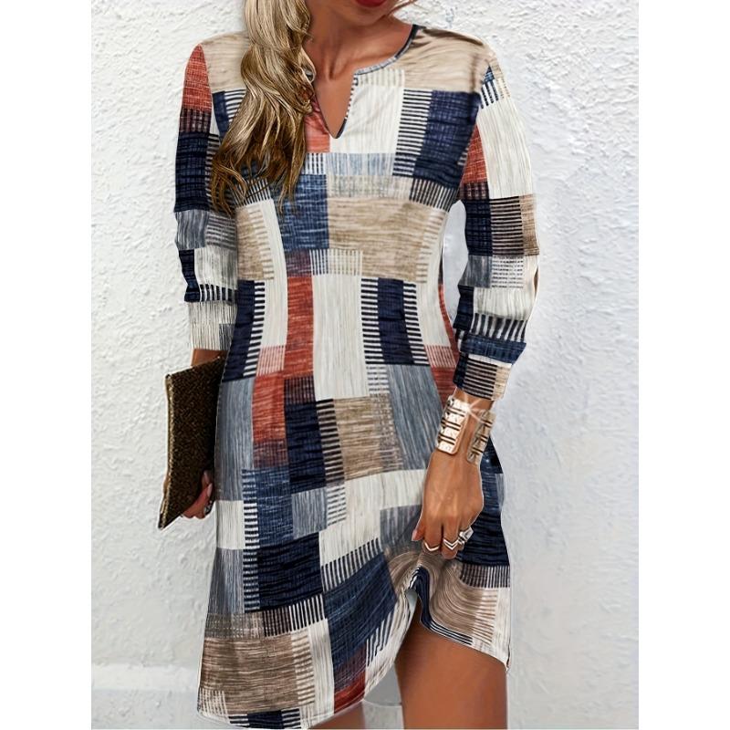 

Повседневное платье больших размеров, женское платье больших размеров с геометрическим принтом и длинными рукавами с вырезом на шее XL