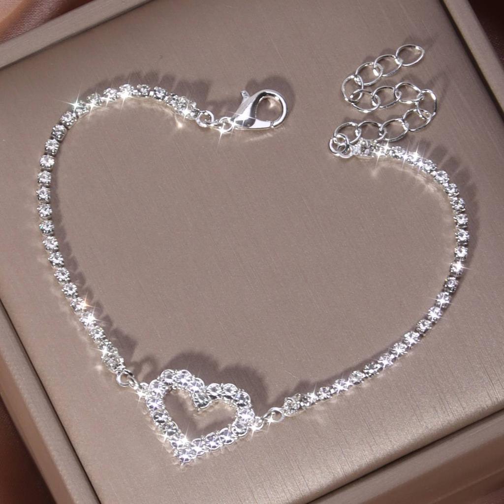Valentine's Day - Themed Adjustable Chain Bracelet with Hollow Heart Shape Studded with Sparkling Rhinestones