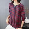 Women's V-Neck Long-Sleeve Pure Cotton T-Shirt for Middle-Aged, Loose-Fit Autumn/Spring Top