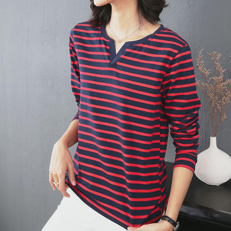 Women's V-Neck Long-Sleeve Pure Cotton T-Shirt for Middle-Aged, Loose-Fit Autumn/Spring Top