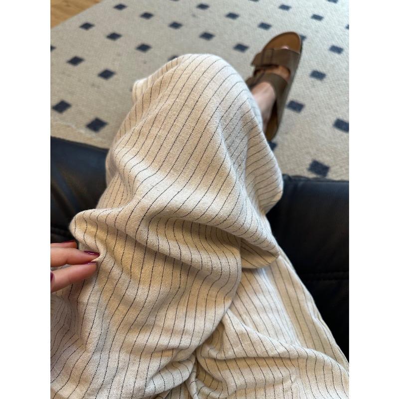 Summer Loose Pants Cotton Linen Linen High Waist Elastic Comfortable Breathable Wide Leg Pants Women's Loose Striped Casual Pants