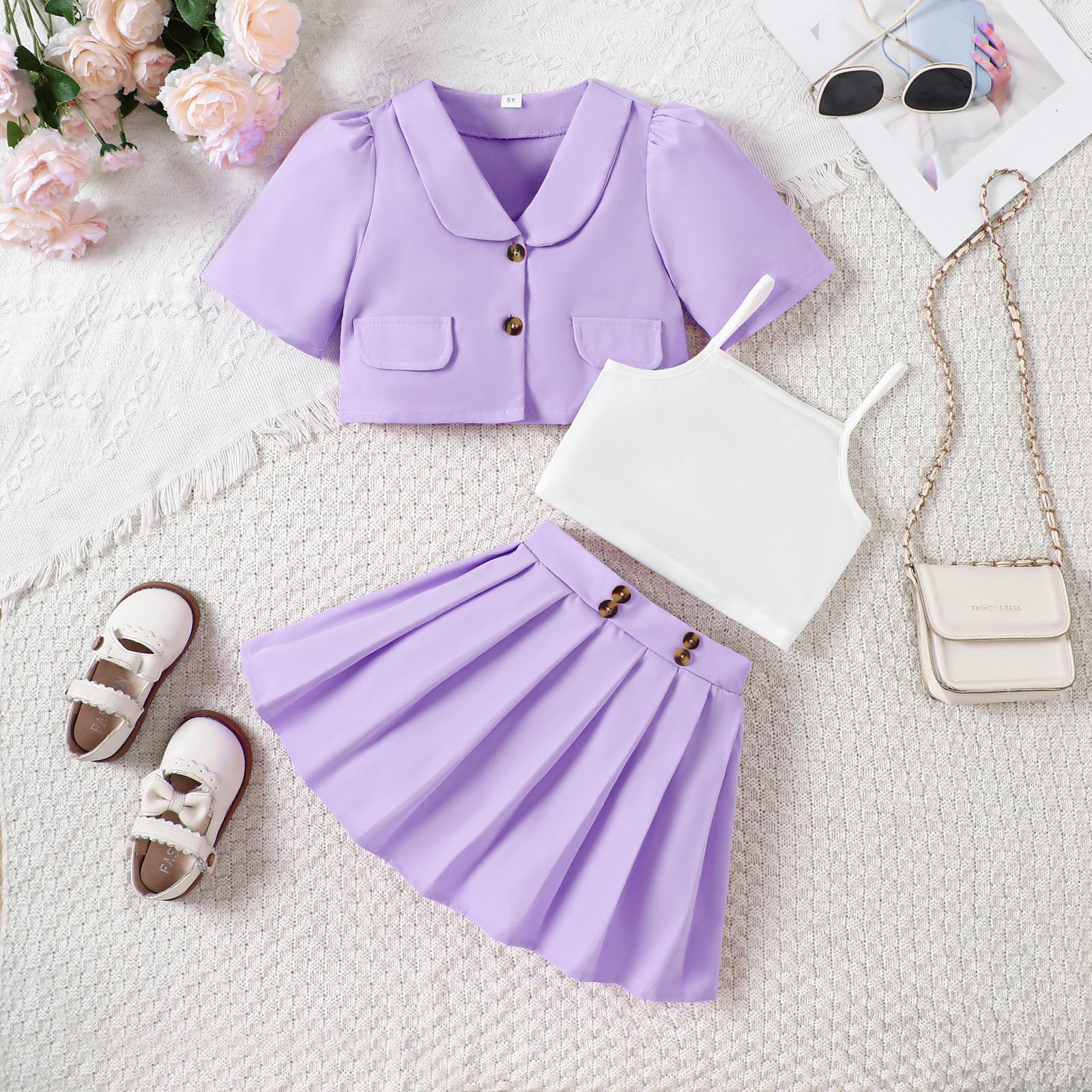 

Модный комплект для девочек, летний детский повседневный комплект из внутреннего слоя на бретелях + плиссированная короткая юбка + блейзер с лацканами 3Y фиолетовый