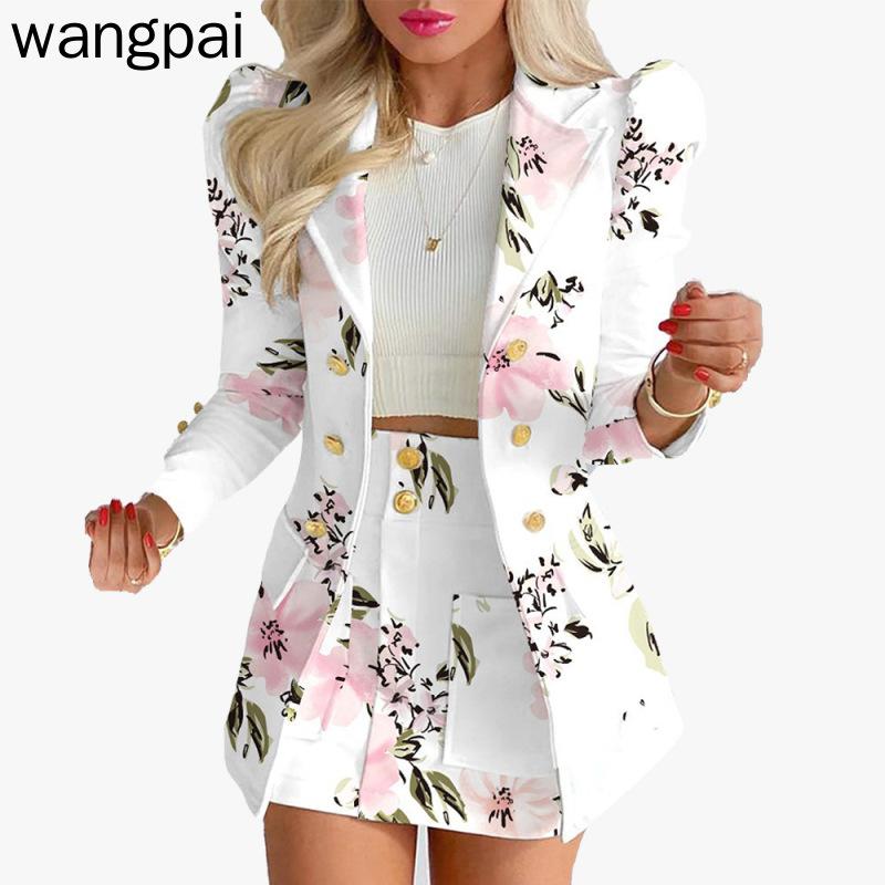 Zweiteiliges Set für Damen, Herbst und Winter, lässig, langärmelig, Anzugjacke, bedruckter Rock