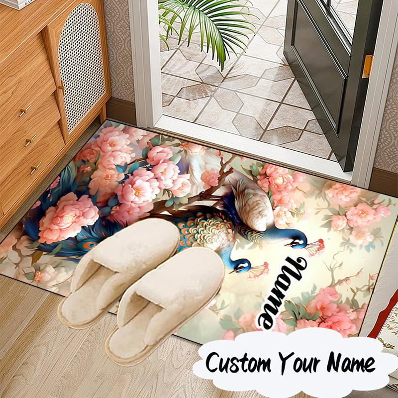 Custom Name Peacock Flowers Romance Rug for Living Room, Game Rooms, Office, Bedroom, Floor Mat Playful Design, Fan Gifts Christmas Decor