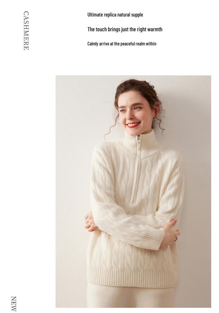 2025 Women's High-Neck Cable Knit Cashmere Sweater - Loose, Versatile Half-Zip Jumper for Autumn/Winter
