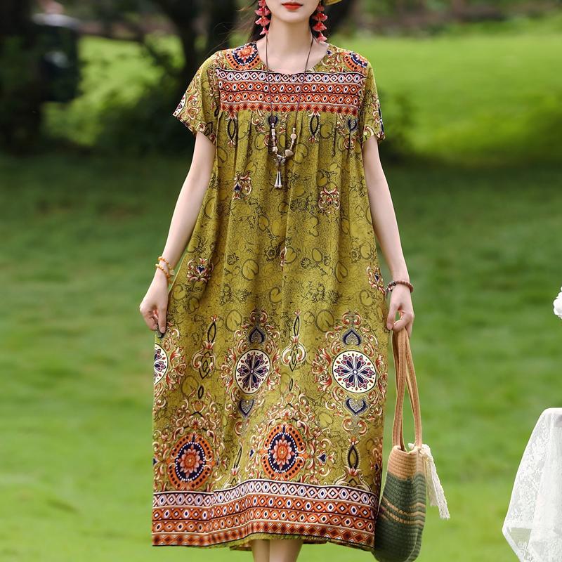 Damen Plus Size Boho-Print Maxikleid, Kurzarm Freizeit-Sonnenkleid (XL-5XL)