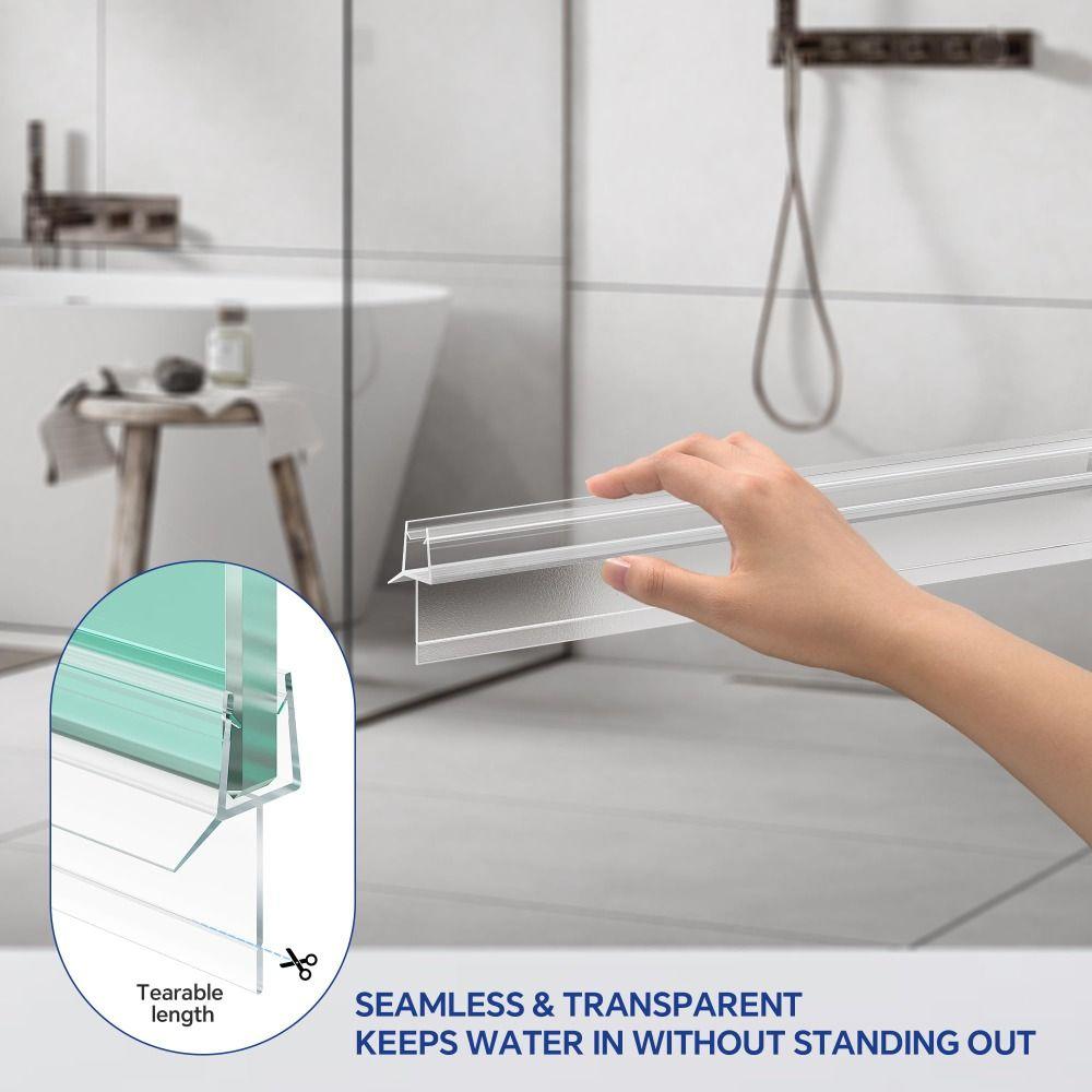 2Pcs Durable 1m Shower Door Bottom Seal Waterproof Adhesive-Free Shower Door Sweep Clear PVC Frameless Shower Door Seal Bathroom