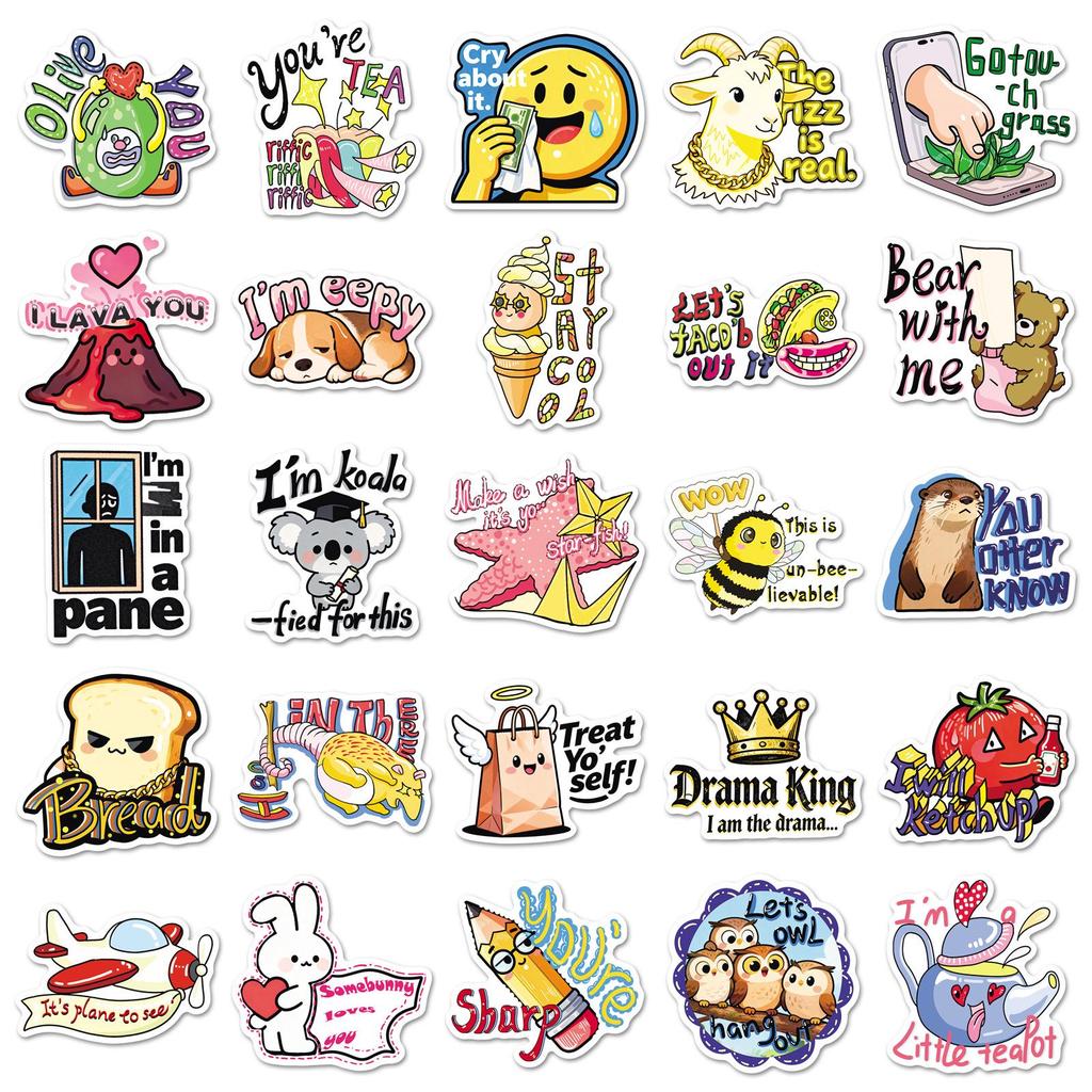 50PCS Cute Cartoon English Pun Stickers for Laptops, Tablets, and Phone Cases