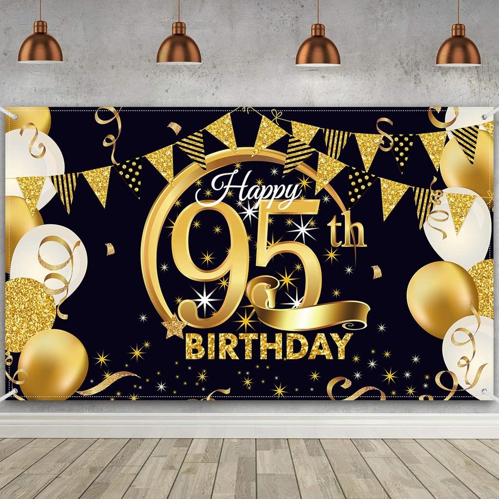 Birthday Party Decoration Extra Large Fabric Black Gold Sign Poster for Anniversary Photo Booth Backdrop Background Banner, Birthday Party Supplies,