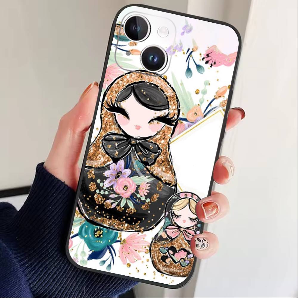 T-Russian Dolls Matryoshka Phone Case For iPhone17,16,15,14,13,12 Plus,Max Soft Silicone Black Cover