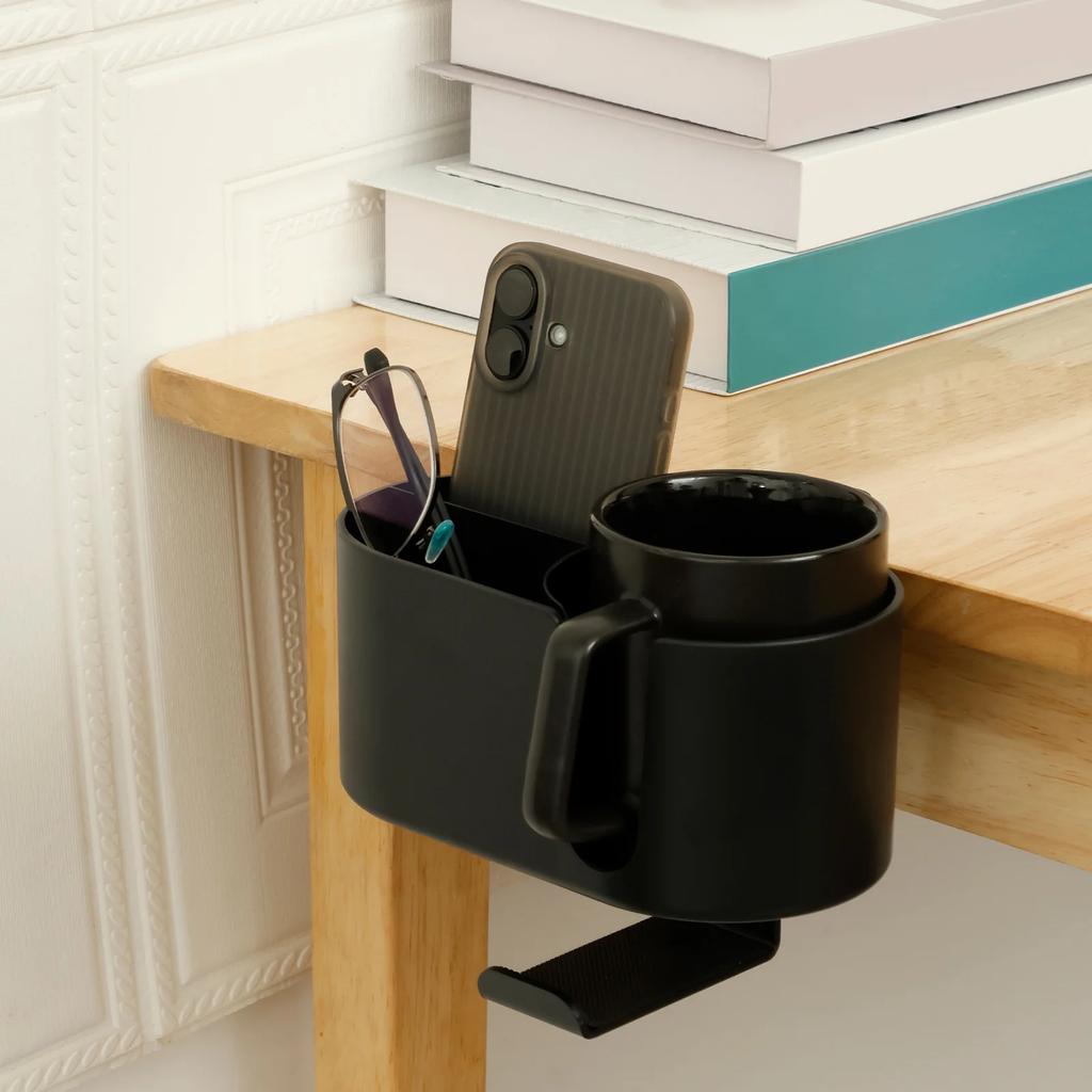 4 in 1 Desk Cup Holder Clamp on Under Desk Headphone Hanger Versatile Easy to Install Cup Holder for Coffee Mugs Water Bottles