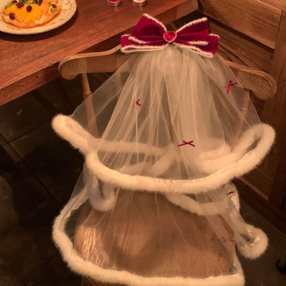 Bowknot Wedding Veil Heart Bridal Headdress Beautiful Long Velvet Bow Veil Wedding