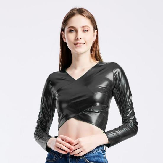 Damen-Club-Top, kurze Taille, lange Ärmel, V-Ausschnitt, glatter, glänzender Kunstleder-Pullover, schmale Passform, weiche, atmungsaktive Leistung
